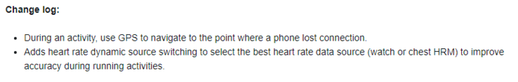 The change log for Garmin beta version 10.08 for the vivoactive 5 series smartwatches. (Image source: Garmin)