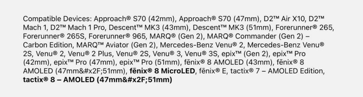 Garmin has already listed the Fenix 8 microLED and the Tactix 8 in official compatibility lists. (Image source: Garmin, via Gadgets & Wearables)