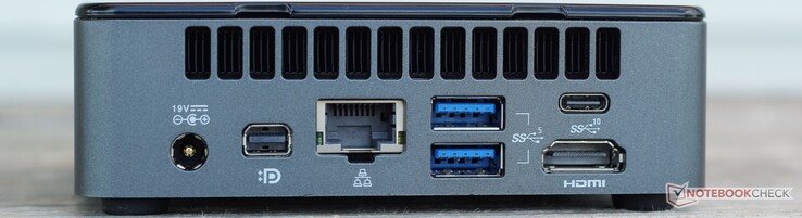 Rear: DC in, Mini DisplayPort 1.4, Gigabit LAN, 2x USB-A 3.2 Gen 1, USB-C 3.2 Gen 2, HDMI 2.0