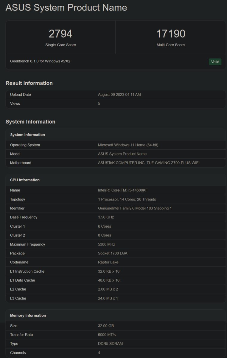 Intel Core i5-14600KF shows up on Geekbench with decent