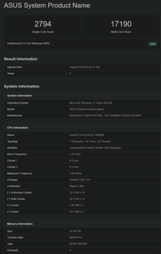 Intel Core i5-14600KF Geekbench scores (image via Geekbench)