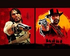 John Marston and Arthur Morgan from Red Dead Redemption pointing guns toward the viewer against red and yellow backgrounds (Image source: Rockstar Games)