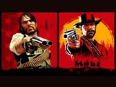 John Marston and Arthur Morgan from Red Dead Redemption pointing guns toward the viewer against red and yellow backgrounds (Image source: Rockstar Games)