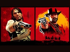 John Marston and Arthur Morgan from Red Dead Redemption pointing guns toward the viewer against red and yellow backgrounds (Image source: Rockstar Games)