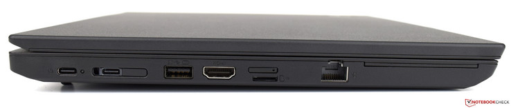 Left: 2x USB 3.1 Type-C Gen 1, Docking-Port, USB 3.0 Gen 1, HDMI 1.4b, nano-SIM, microSD card reader, Ethernet