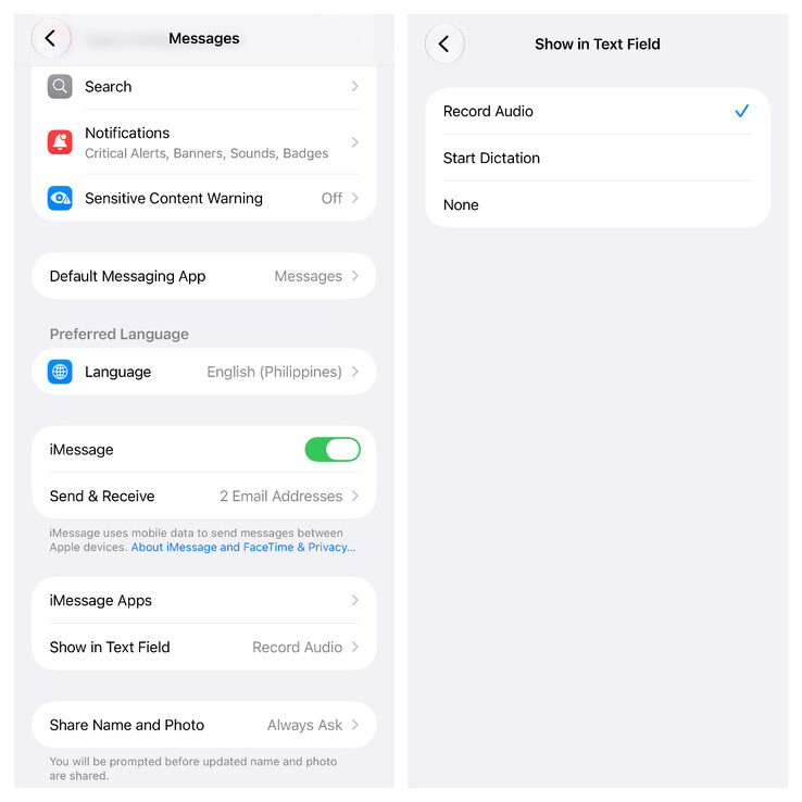 The new Show in Text Field toggle in Apple Messages for hiding the dication button
