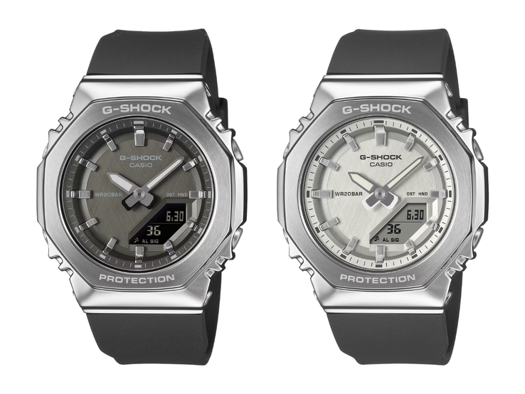 The Casio G-Shock GM-S2110-1A1 (left) and GM-S2110-1A7 (right) watches. (Image source: Casio, edited)