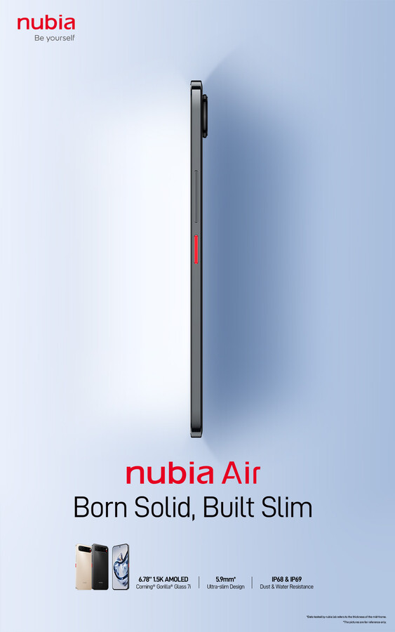 The leaked promo picture claims that the Nubia Air is only 5.9 mm thin, with one important caveat in the footnote.