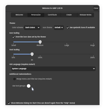 GIMP's new welcome screen features a great many ways to make the image manipulation program suit your preferences. (Image source: Julian van der Merwe / Notebookcheck)