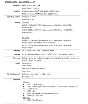 Asus ROG Strix Scar 17 - Specifications. (Image Source: Asus)