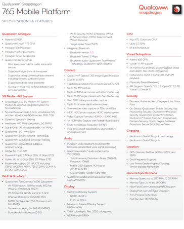 Qualcomm Snapdragon 765 Mobile Platform Specifications. (Source: Qualcomm)