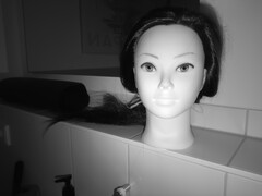Night vision shot doll's head: Until such shots are sharp and not overexposed, you have to experiment a bit.