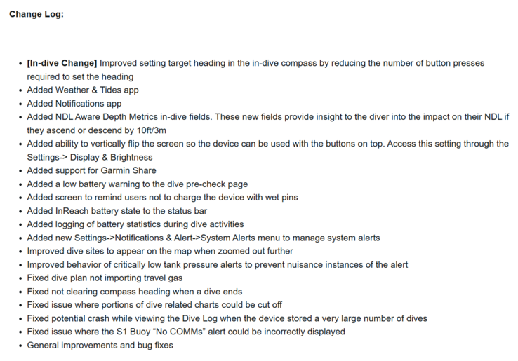 The change log for system software 4.05 for the Garmin Descent X50i. (Image source: Garmin)