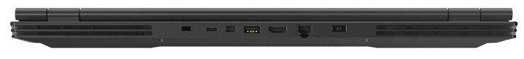Back: Cable lock slot, USB 3.2 Gen 1 (Type-C), Mini Displayport 1.4, USB 3.2 Gen 1 (Type-A), HDMI 2.0, Gigabit Ethernet, AC adapter