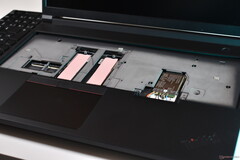 The two extra SSD slots beneath the keyboard of the Lenovo ThinkPad P16 Gen 3.