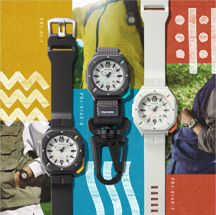 The Casio Pro Trek PRJ-01-1J, and the PRJ-01AE-8J the PRJ-01AE-7J (from left to right)