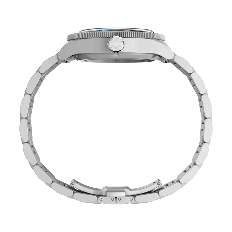 Timex Pan Am Waterbury Automatic GMT watch shown from the side, highlighting its brushed stainless steel case and oversized crown with the Pan Am logo.