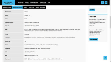 The pre-order page's purported specs for the OnePlus 6T. (Source: GizTop)