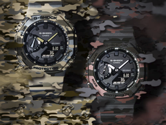 From left to right: Casio G-Shock GA-2100CM-5A and GA-2100CM-8A against a camo background.