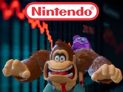 Donkey Kong shown in front of falling Nintendo stock ticker (Image source: Nintendo of America with edits)