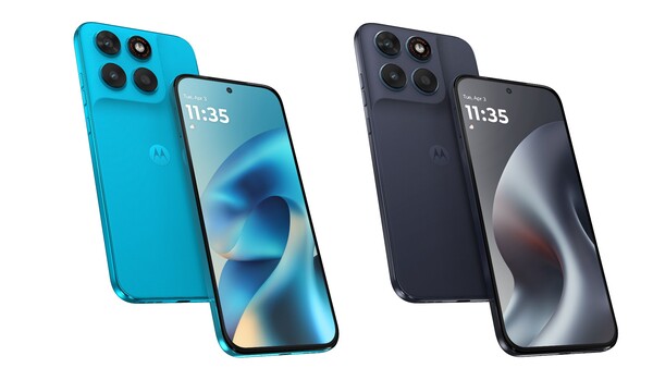 The Moto G87 in Pantone Blue Atoll and Pantone Overture.