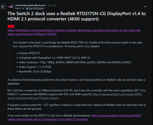 Nintendo Switch 2 4K dock leak (Image source: screenshot, GamingLeaksAndRumors subreddit)