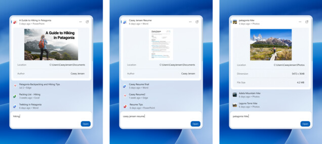 New Windows Search showing inline previews of documents and photos.