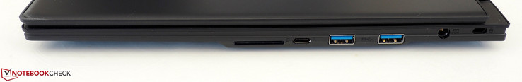 Right: SD card reader, Thunderbolt 3, 2x USB-A 3.0, DC-in, Kensington Lock