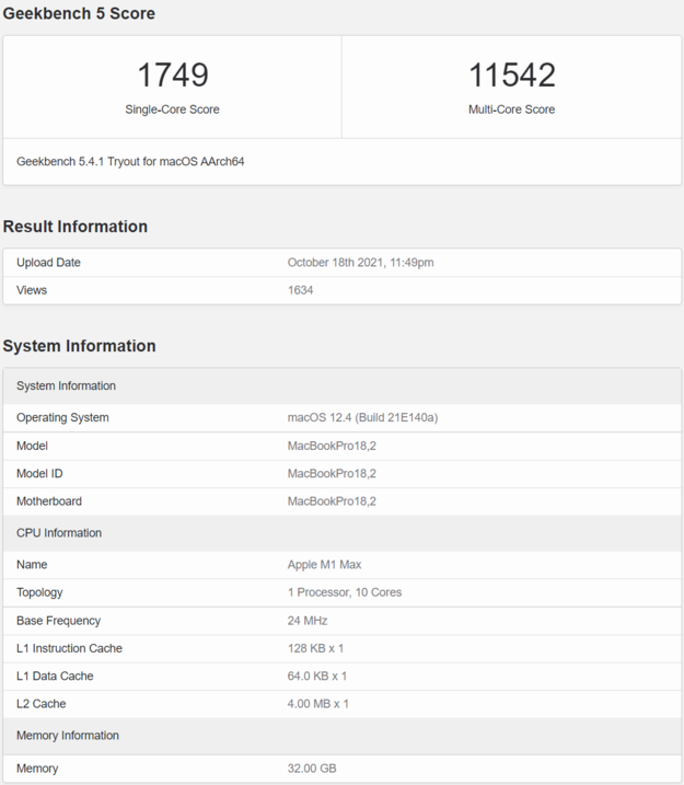 With a score of 11542 points, the Apple M1 Max has churned through the multi-core benchmark (Source: Geekbench)