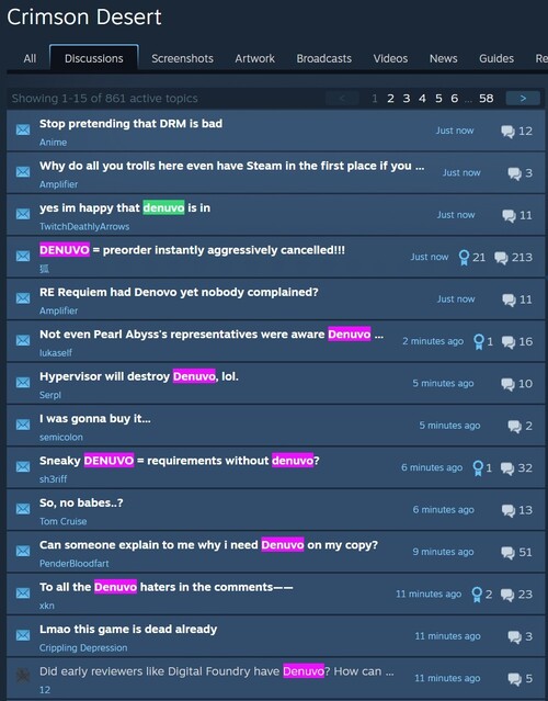 Crimson Desert Denuvo complaints in Steam forum shown