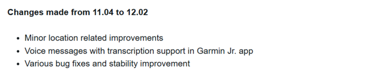 The release notes for software version 12.02 for the Garmin Bounce smartwatch. (Image source: Garmin)