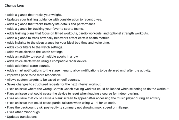 The software version 16.28 change log for the Garmin Forerunner 970