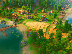 Pioneers of Pagonia spent nearly two years in active development. Pictured - an official screenshot from the game showing a settlement with water bodies, trees, and crops. (Image source: Steam)