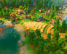 Pioneers of Pagonia spent nearly two years in active development. Pictured - an official screenshot from the game showing a settlement with water bodies, trees, and crops. (Image source: Steam)
