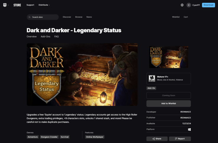 Dark and Darker - Legendary Status has a 'Coming Soon' status on the Epic Games Store right now. (Image source: Epic Games)