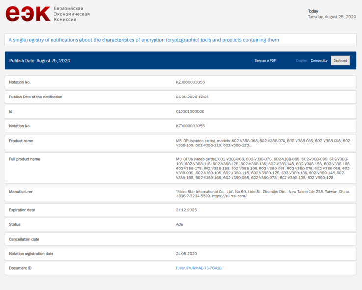 The EEC published the new MSI registration today. (Image source: EEC)