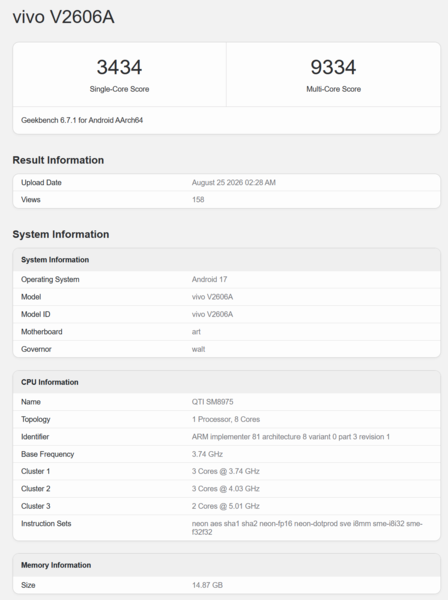 Snapdragon 8 Elite Extreme Gen 6 Geekbench listing