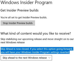 Windows Insider Skip Ahead option closed (Source: Terho Alhonen on Twitter)