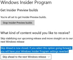 Windows Insider Skip Ahead option closed (Source: Terho Alhonen on Twitter)