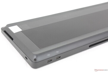 Bottom side of keyboard is bulged for improved typing ergonomics. However, there is no adjustable kickstand for changing angles unlike on many traditional keyboards