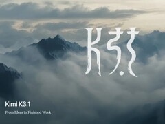 K3.1 lettering and Kimi K3.1 in front of cloud-covered mountain peaks, promotional image by Moonshot AI