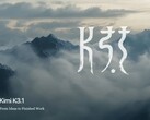 K3.1 lettering and Kimi K3.1 in front of cloud-covered mountain peaks, promotional image by Moonshot AI