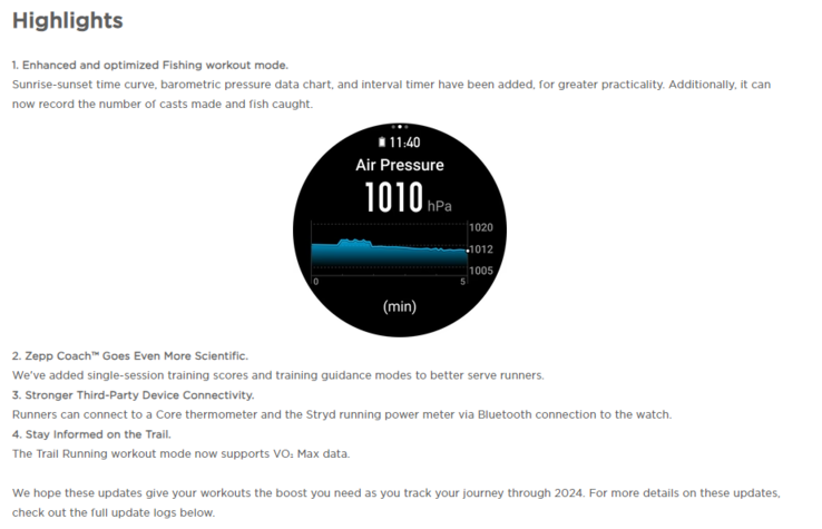 The change log for the Amazfit Falcon and T-Rex Ultra smartwatch updates. (Image source: Amazfit)