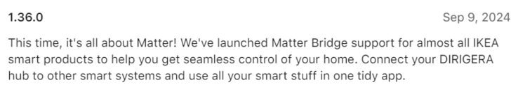 The release notes for the IKEA Home smart app version 1.36.0. (Image source: Apple App Store)