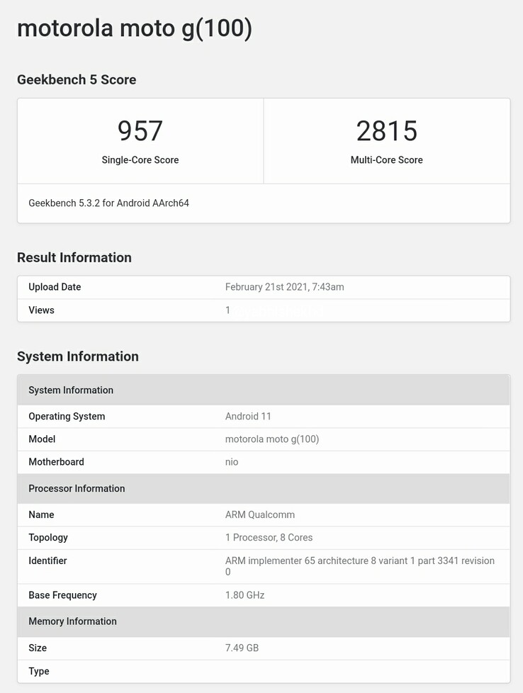 Moto G100 on Geekbench (image via Abhishek Yadav on Twitter)