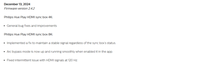 The release notes for firmware version 2.4.2 for Philips Hue Play HDMI sync boxes. (Image source: Philips Hue)