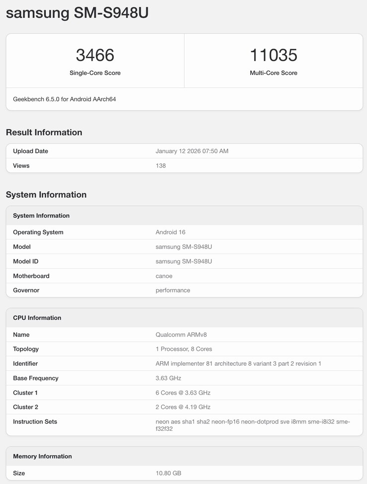 Geekbench listing of the Galaxy S26 Ultra. (Image source: Geekbench)