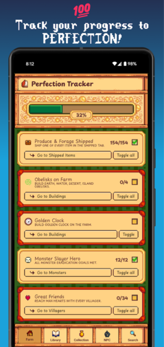 The perfection tracker in the Gunther's Library app (Image source: Google Play Store)