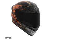 AGV K1 S Street Fighter 6 Ken motorcycle helmet with black, grey and flame graphics.