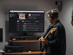 Guitar player plays in front of a monitor showing the app StemKit